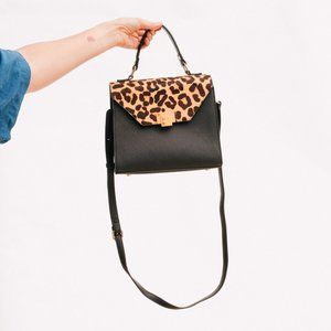 Dune London Womens Faux Leather Calf Hair Satchel Purse Leopard Medium Bag